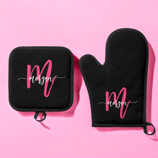 Hot Pink Black Monogram Girl's Kitchen Script Oven Mitt & Pot Holder Set (Creator Uploaded)