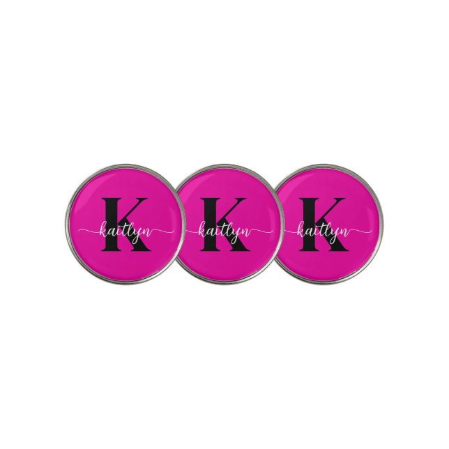 Hot Pink Black Monogram Golf Ball Marker (3 Up)
