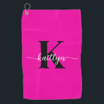 Hot Pink Black Monogram Golf Towel<br><div class="desc">This simple, modern golf towel with your first name in a trendy script font in white and your first initial in a modern cap font in black on hot pink is perfect for you. It's stylish and trendy and yet very classic. It's unique - like you! Get a couple so...</div>