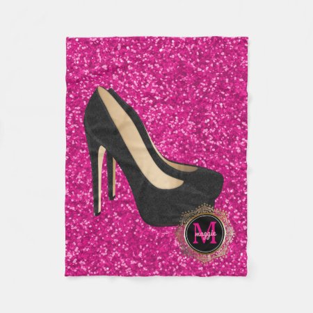 Hot Pink Black Monogram | High Heels Glitter Fleece Blanket