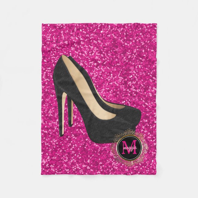 Hot Pink Black Monogram | High Heels Glitter Fleece Blanket (Front)
