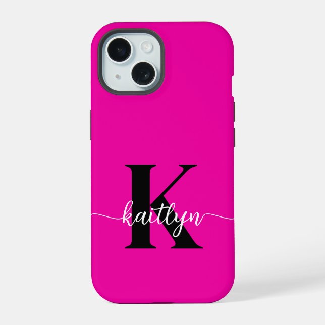 Hot Pink Black Monogram iPhone 15 Case (Back)