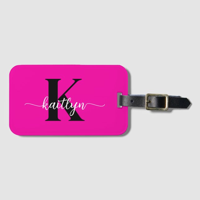 Hot Pink Black Monogram Luggage Tag (Front Horizontal)