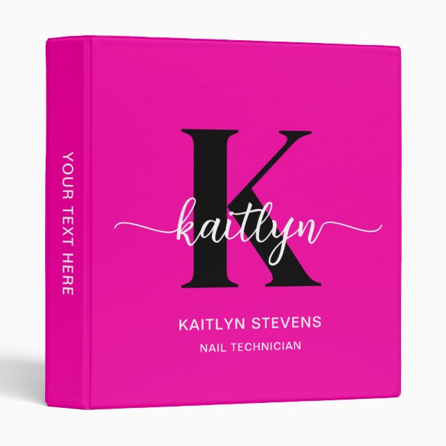 Hot Pink Black Monogram Nail Technician 3 Ring Binder (Front/Spine)