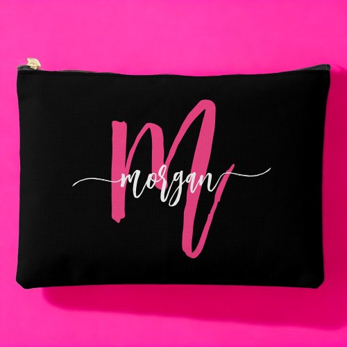 Hot Pink Black Monogram Name Girls Script  Accessory Pouch