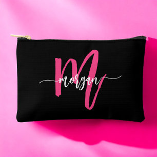 Hot Pink Black Monogram Name Girl's Script Accessory Pouch