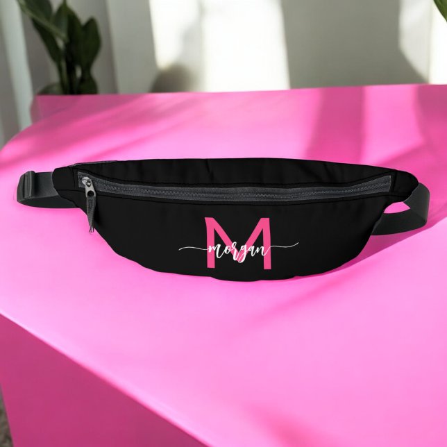 Hot Pink Black Monogram Name Girl's Script  Fanny Pack (Creator Uploaded)