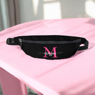 Hot Pink Black Monogram Name Girl's Script Fanny Pack
