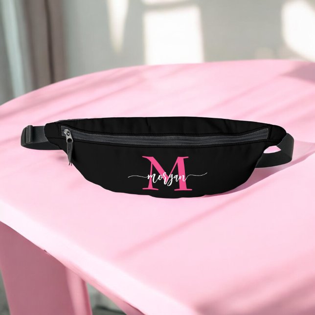 Hot Pink Black Monogram Name Girl's Script  Fanny Pack (Creator Uploaded)