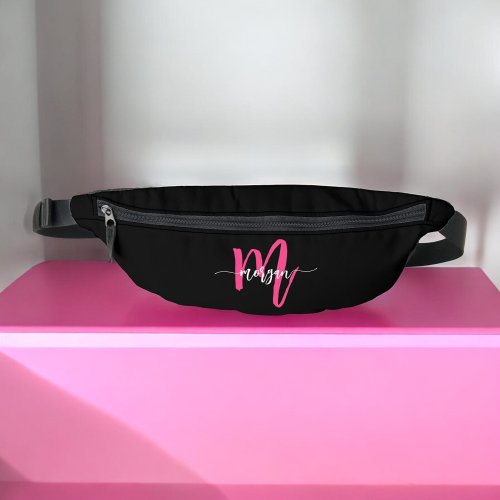 Hot Pink Black Monogram Name Girls Script  Fanny Pack