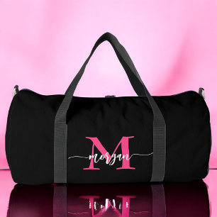Hot Pink Black Monogram Name Girl's Script Sports Duffle Bag