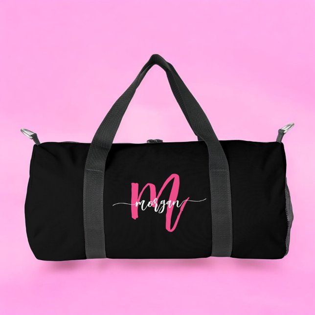 Hot Pink Black Monogram Name Girl's Script Sports Duffle Bag (Creator Uploaded)