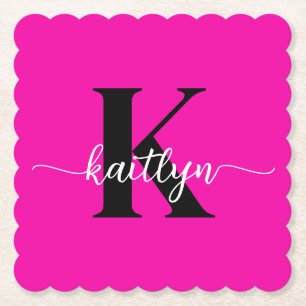 Hot Pink Black Monogram Paper Coaster