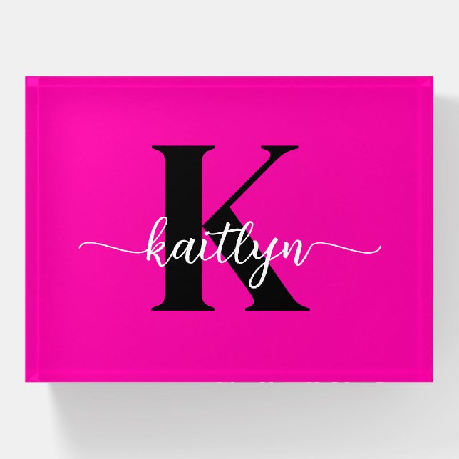Hot Pink Black Monogram Paperweight (Front)