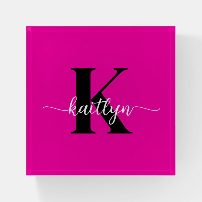 Hot Pink Black Monogram Paperweight (Front)