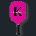 Hot Pink Black Monogram Pickleball Paddle<br><div class="desc">This simple,  elegant hot pink pickleball paddle with your first name in a trendy script font in white and your first initial in a modern cap font in black is perfect for you.  It's stylish and trendy and yet very classic. It's unique - like you!</div>