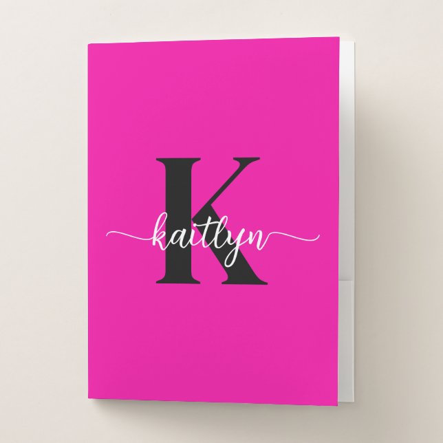 Hot Pink Black Monogram Pocket Folder (Front)