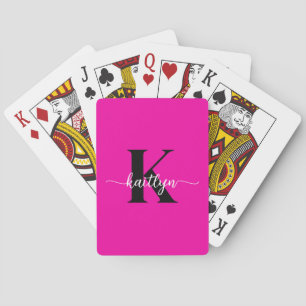 Hot Pink Black Monogram Poker Cards