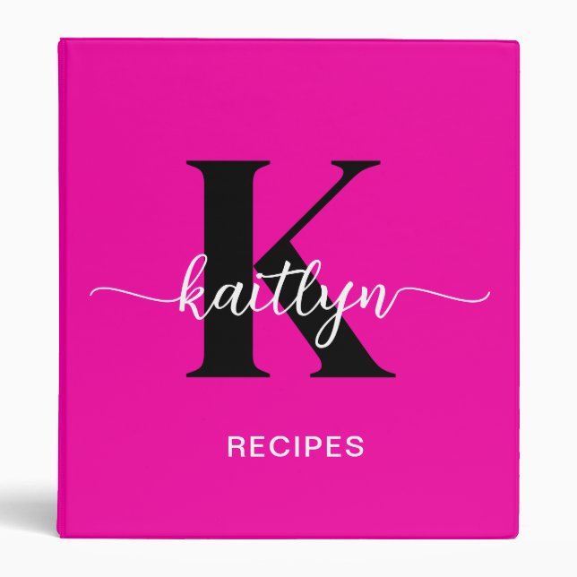 Hot Pink Black Monogram Recipe 3 Ring Binder (Front)