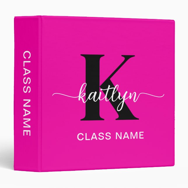 Hot Pink Black Monogram School Subject 3 Ring Binder (Front/Spine)
