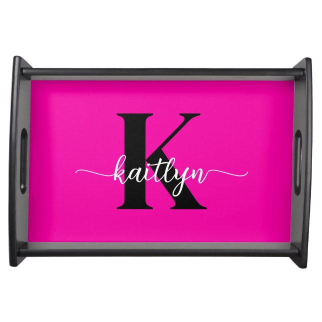 Hot Pink Black Monogram Serving Tray (Front)