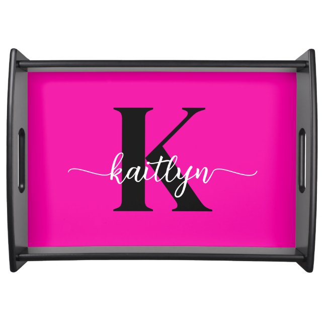 Hot Pink Black Monogram Serving Tray (Front)