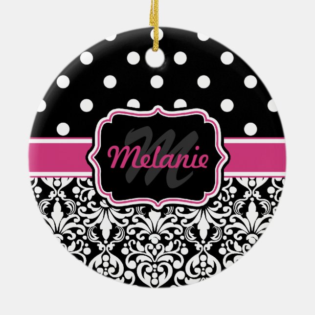 Hot Pink Black Monogrammed Damask Polka Dot Ceramic Ornament (Back)