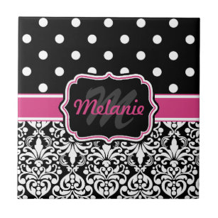 Hot Pink Black Monogrammed Damask Polka Dot Ceramic Tile