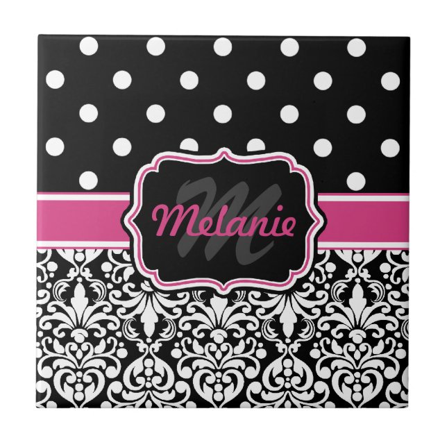 Hot Pink Black Monogrammed Damask Polka Dot Ceramic Tile (Front)