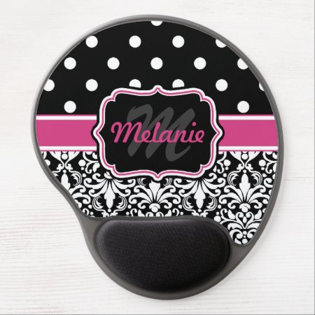 Hot Pink Black Monogrammed Damask Polka Dot Gel Mouse Pad