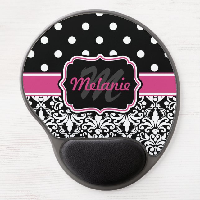 Hot Pink Black Monogrammed Damask Polka Dot Gel Mouse Pad (Front)