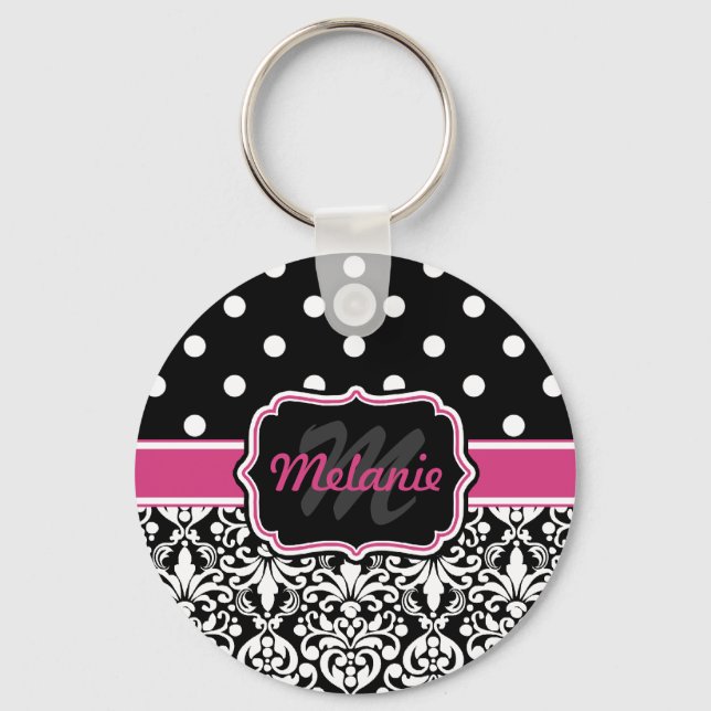 Hot Pink Black Monogrammed Damask Polka Dot Keychain (Front)