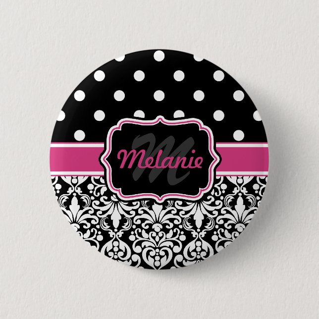 Hot Pink Black Monogrammed Damask Polka Dot Pinback Button (Front)