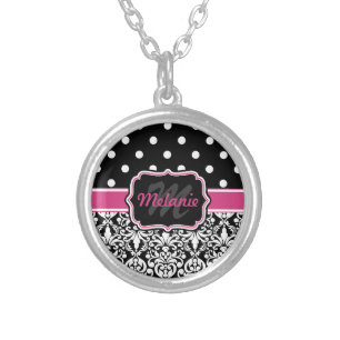 Hot Pink Black Monogrammed Damask Polka Dot Silver Plated Necklace