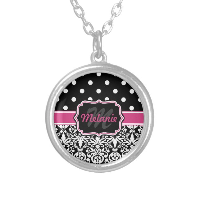 Hot Pink Black Monogrammed Damask Polka Dot Silver Plated Necklace (Front)