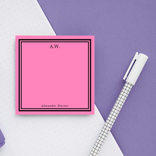 Hot Pink  Black Monogrammed Post_it Notes