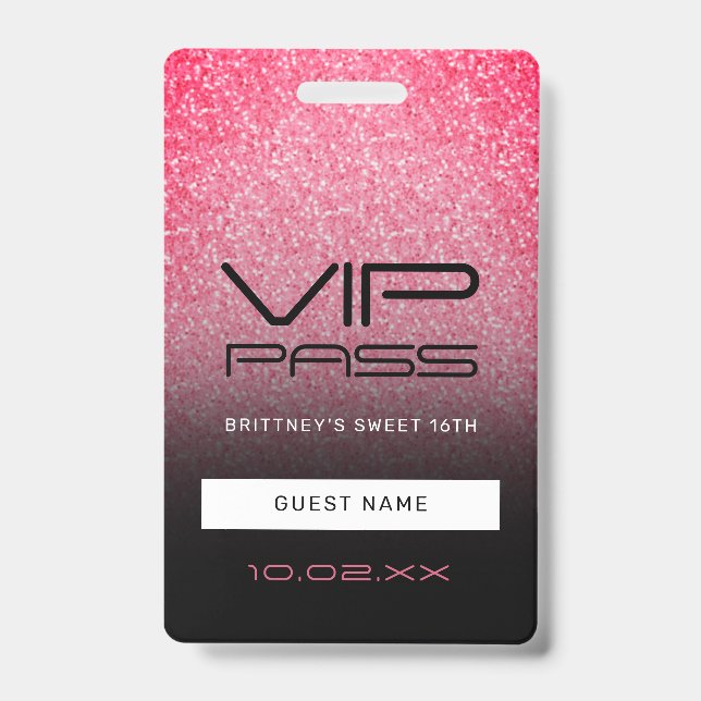 Hot Pink Black Ombre Glitter Sweet 16th VIP Pass B Badge (Front)