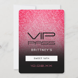 Hot Pink Black Ombre Glitter Sweet 16th VIP Pass  Invitation