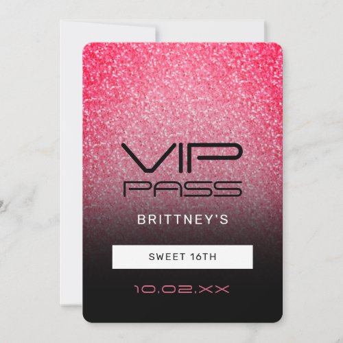 Hot Pink Black Ombre Glitter Sweet 16th VIP Pass  Invitation