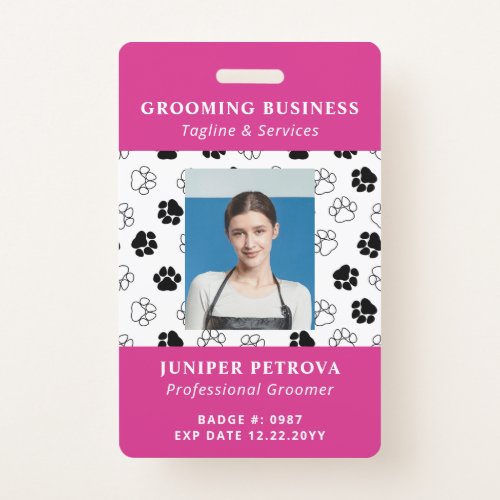 Hot Pink Black Paw Print Pattern Dog Groomer ID Badge
