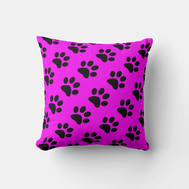Hot Pink Black Paw Prints Patterns Cute Girly Throw Pillow (Front)