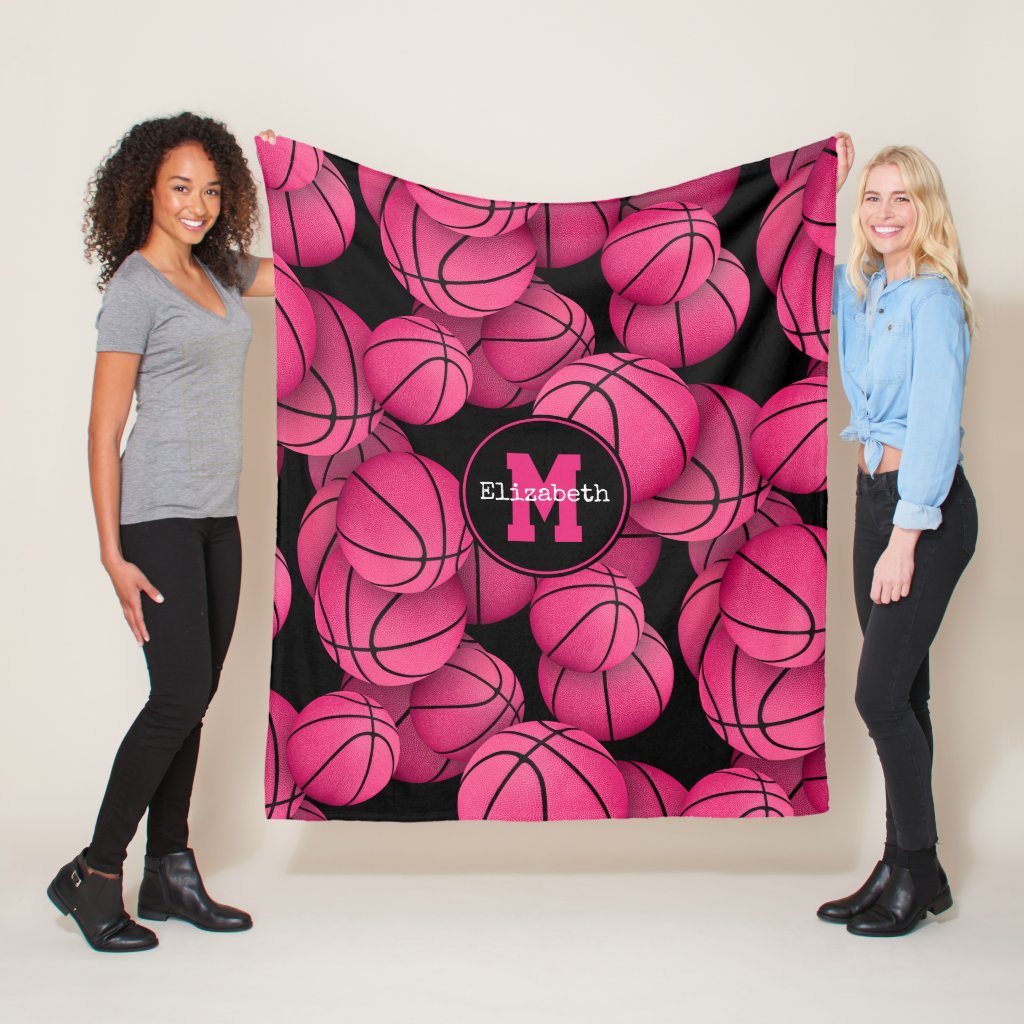 pink black personalized girls basketballs pattern fleece blanket