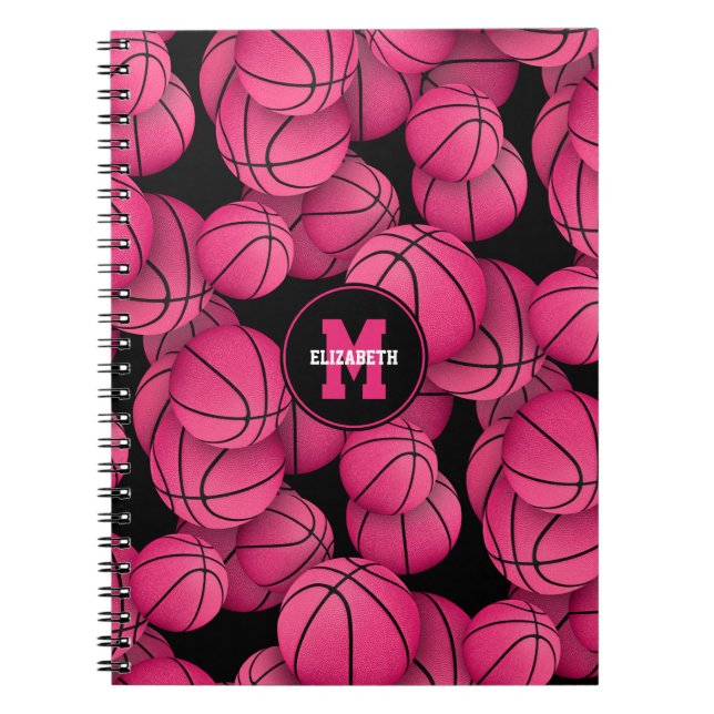 hot pink black personalized girls basketball  notebook (Front)
