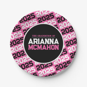Hot Pink & Black Personalized Graduation Paper Plates