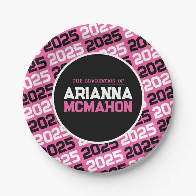 Hot Pink & Black Personalized Graduation Paper Plates (Front)
