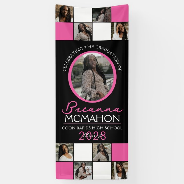 Hot Pink & Black Photo Collage Graduation Vinyl Banner (Vertical)