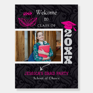 Hot Pink Black Photo Graduation Party Welcome Sign