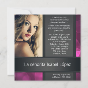 Hot Pink Black Photo Quinceanera Invitations