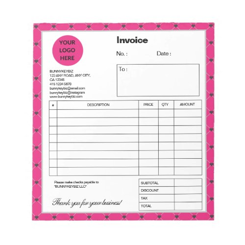 Hot Pink Black Plaid Company Business Invoice Note
