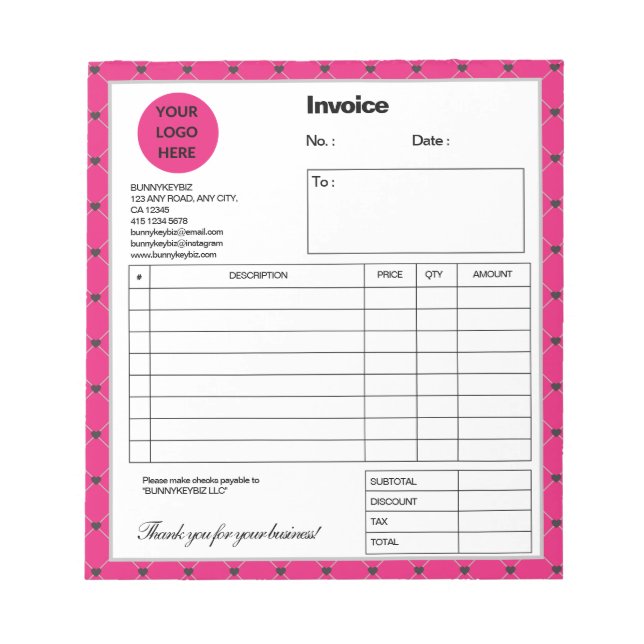 Hot Pink Black Plaid Company Business Invoice Note (Front)